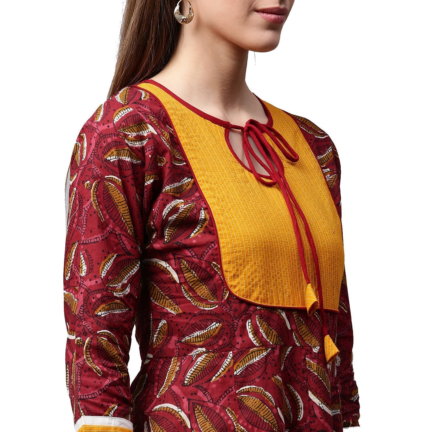 Red Printed 3/4Th Sleeve Cropped Anarkali Kurta With Yellow Printed Skirt | LASVINI - Redefining Indian Fashion with Elegance
