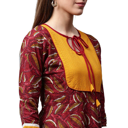 Red Printed 3/4Th Sleeve Cropped Anarkali Kurta With Yellow Printed Skirt | LASVINI - Redefining Indian Fashion with Elegance