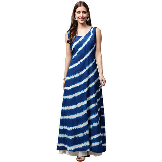 Blue Tie Dye Sleeveless Cotton A-Line Kurta | LASVINI - Redefining Indian Fashion with Elegance