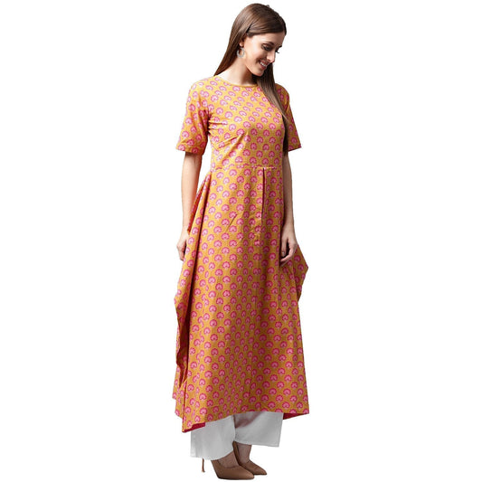 Yellow Printed Half Sleeve Cotton A-Line Kurta | LASVINI - Redefining Indian Fashion with Elegance