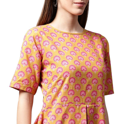 Yellow Printed Half Sleeve Cotton A-Line Kurta | LASVINI - Redefining Indian Fashion with Elegance