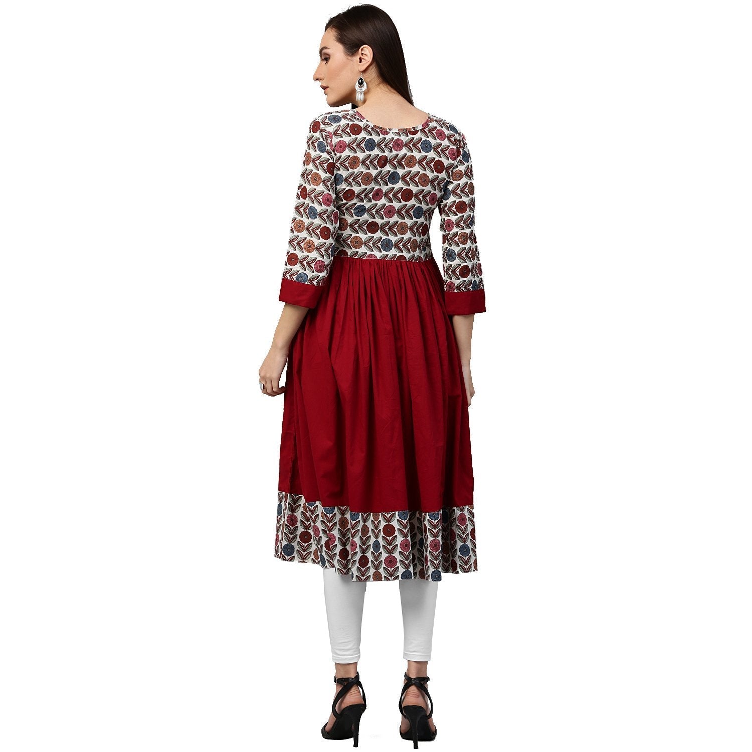 Maroon Printed 3/4Th Sleeve Cotton Anarkali Kurta | LASVINI - Redefining Indian Fashion with Elegance