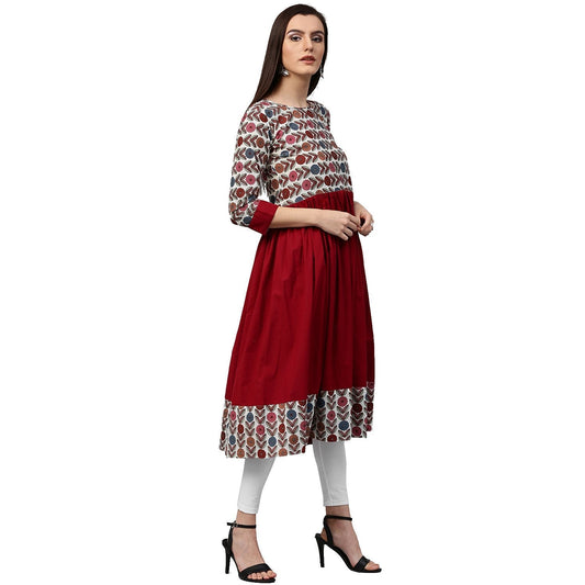Maroon Printed 3/4Th Sleeve Cotton Anarkali Kurta | LASVINI - Redefining Indian Fashion with Elegance