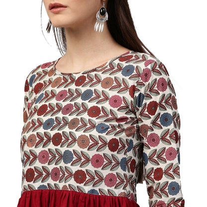 Maroon Printed 3/4Th Sleeve Cotton Anarkali Kurta | LASVINI - Redefining Indian Fashion with Elegance