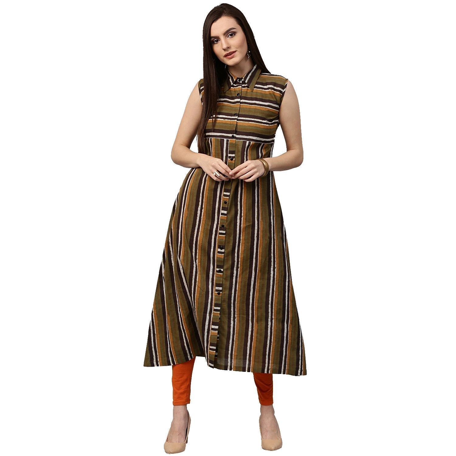 Green Printed Sleeveless Cotton A-Line Kurta | LASVINI - Redefining Indian Fashion with Elegance