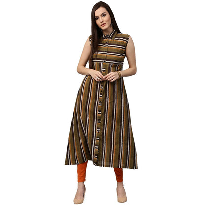 Green Printed Sleeveless Cotton A-Line Kurta | LASVINI - Redefining Indian Fashion with Elegance