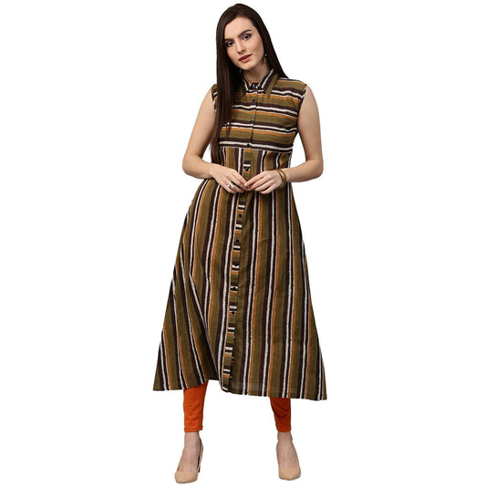 Green Printed Sleeveless Cotton A-Line Kurta | LASVINI - Redefining Indian Fashion with Elegance