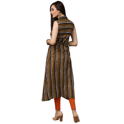 Green Printed Sleeveless Cotton A-Line Kurta | LASVINI - Redefining Indian Fashion with Elegance