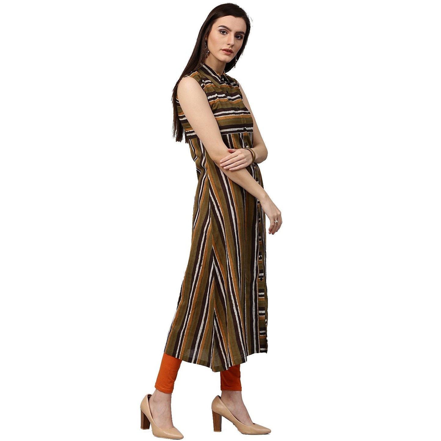 Green Printed Sleeveless Cotton A-Line Kurta | LASVINI - Redefining Indian Fashion with Elegance