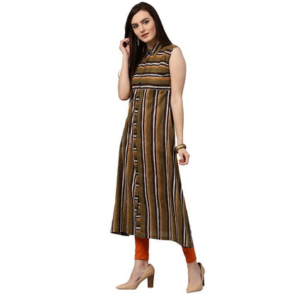 Green Printed Sleeveless Cotton A-Line Kurta | LASVINI - Redefining Indian Fashion with Elegance