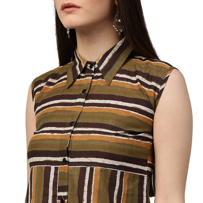 Green Printed Sleeveless Cotton A-Line Kurta | LASVINI - Redefining Indian Fashion with Elegance