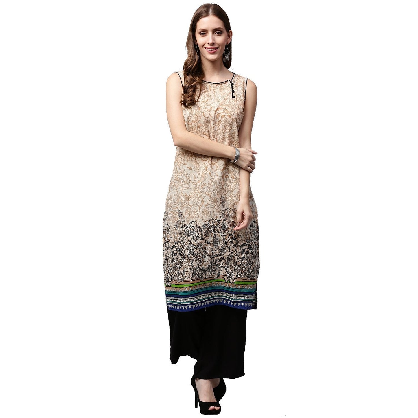 Off White Printed Sleeveless Cotton Kurta | LASVINI - Redefining Indian Fashion with Elegance