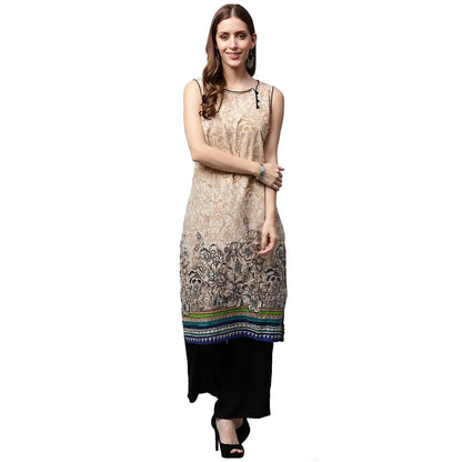 Off White Printed Sleeveless Cotton Kurta | LASVINI - Redefining Indian Fashion with Elegance