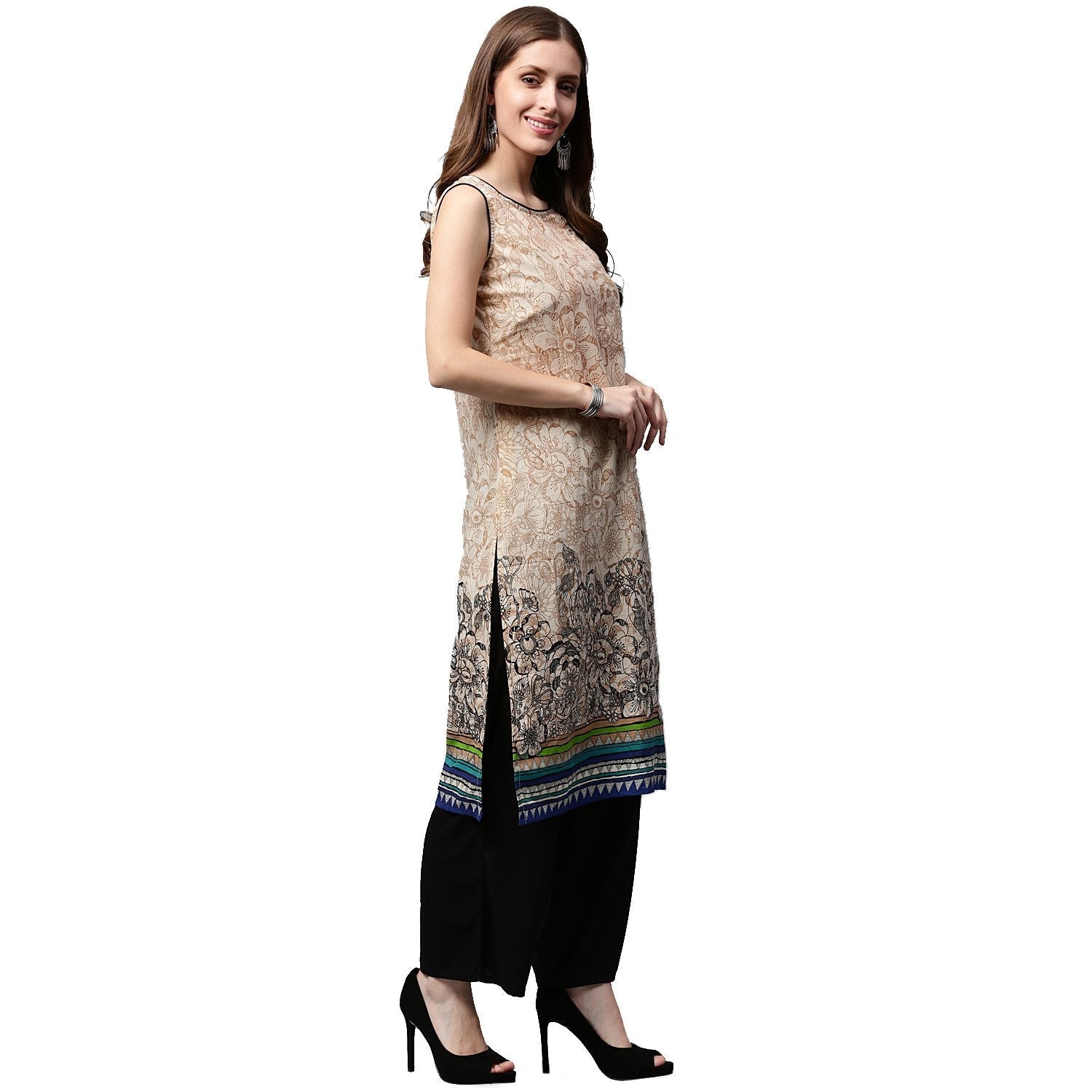Off White Printed Sleeveless Cotton Kurta | LASVINI - Redefining Indian Fashion with Elegance