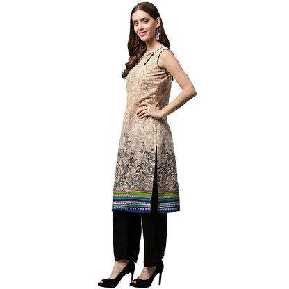 Off White Printed Sleeveless Cotton Kurta | LASVINI - Redefining Indian Fashion with Elegance