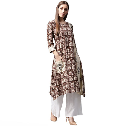 Coffee Brown Printed 3/4Th Sleeve Cotton Kurta With Side Pocket | LASVINI - Redefining Indian Fashion with Elegance