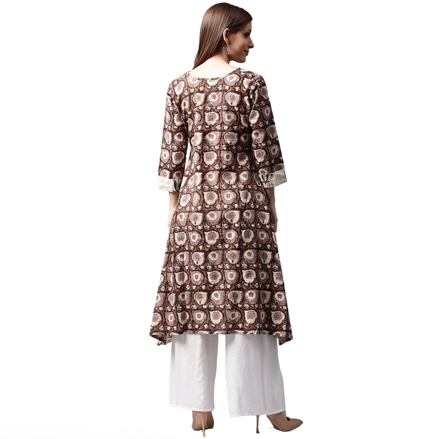 Coffee Brown Printed 3/4Th Sleeve Cotton Kurta With Side Pocket | LASVINI - Redefining Indian Fashion with Elegance
