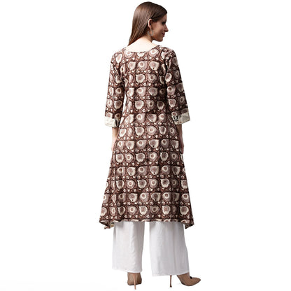 Coffee Brown Printed 3/4Th Sleeve Cotton Kurta With Side Pocket | LASVINI - Redefining Indian Fashion with Elegance