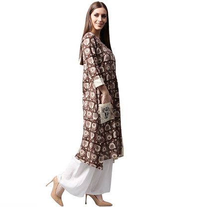 Coffee Brown Printed 3/4Th Sleeve Cotton Kurta With Side Pocket | LASVINI - Redefining Indian Fashion with Elegance