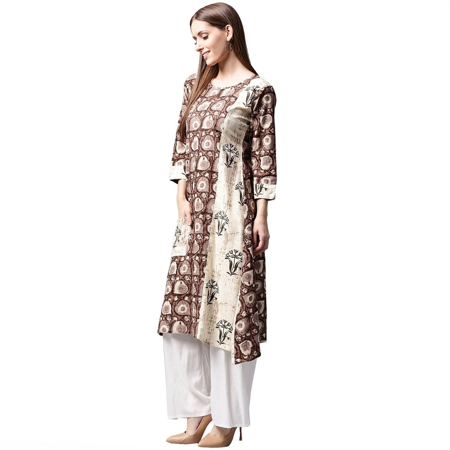 Coffee Brown Printed 3/4Th Sleeve Cotton Kurta With Side Pocket | LASVINI - Redefining Indian Fashion with Elegance