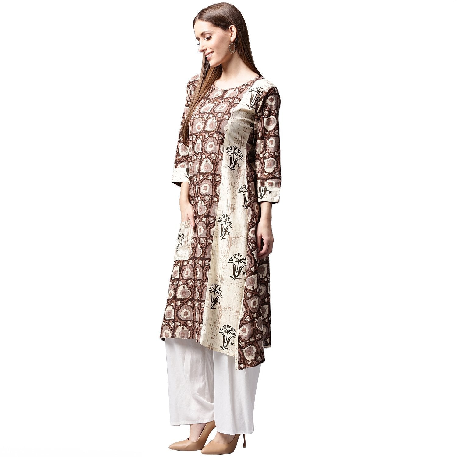 Coffee Brown Printed 3/4Th Sleeve Cotton Kurta With Side Pocket | LASVINI - Redefining Indian Fashion with Elegance