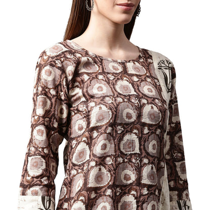 Coffee Brown Printed 3/4Th Sleeve Cotton Kurta With Side Pocket | LASVINI - Redefining Indian Fashion with Elegance