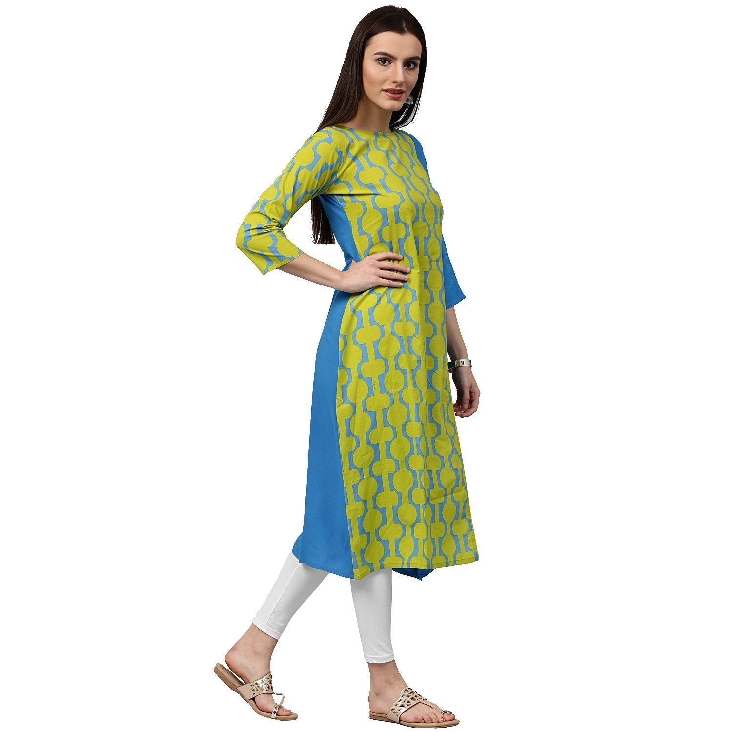 Green Printed 3/Th Sleeve Cotton Kurta | LASVINI - Redefining Indian Fashion with Elegance