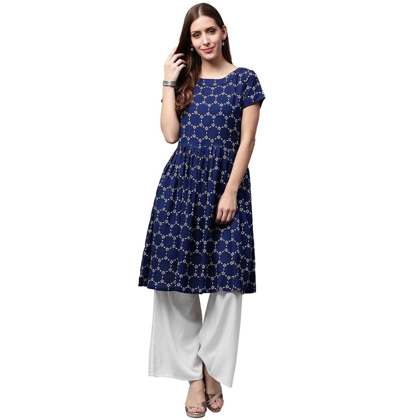 Blue Printed Cap Sleeve Cotton Cropped Anarkali Kurta | LASVINI - Redefining Indian Fashion with Elegance