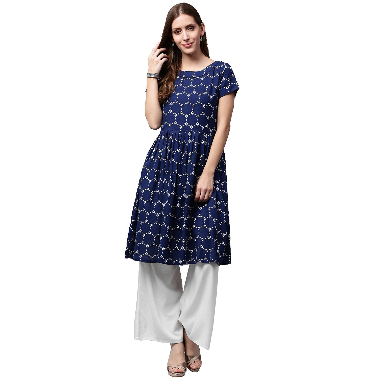 Blue Printed Cap Sleeve Cotton Cropped Anarkali Kurta | LASVINI - Redefining Indian Fashion with Elegance