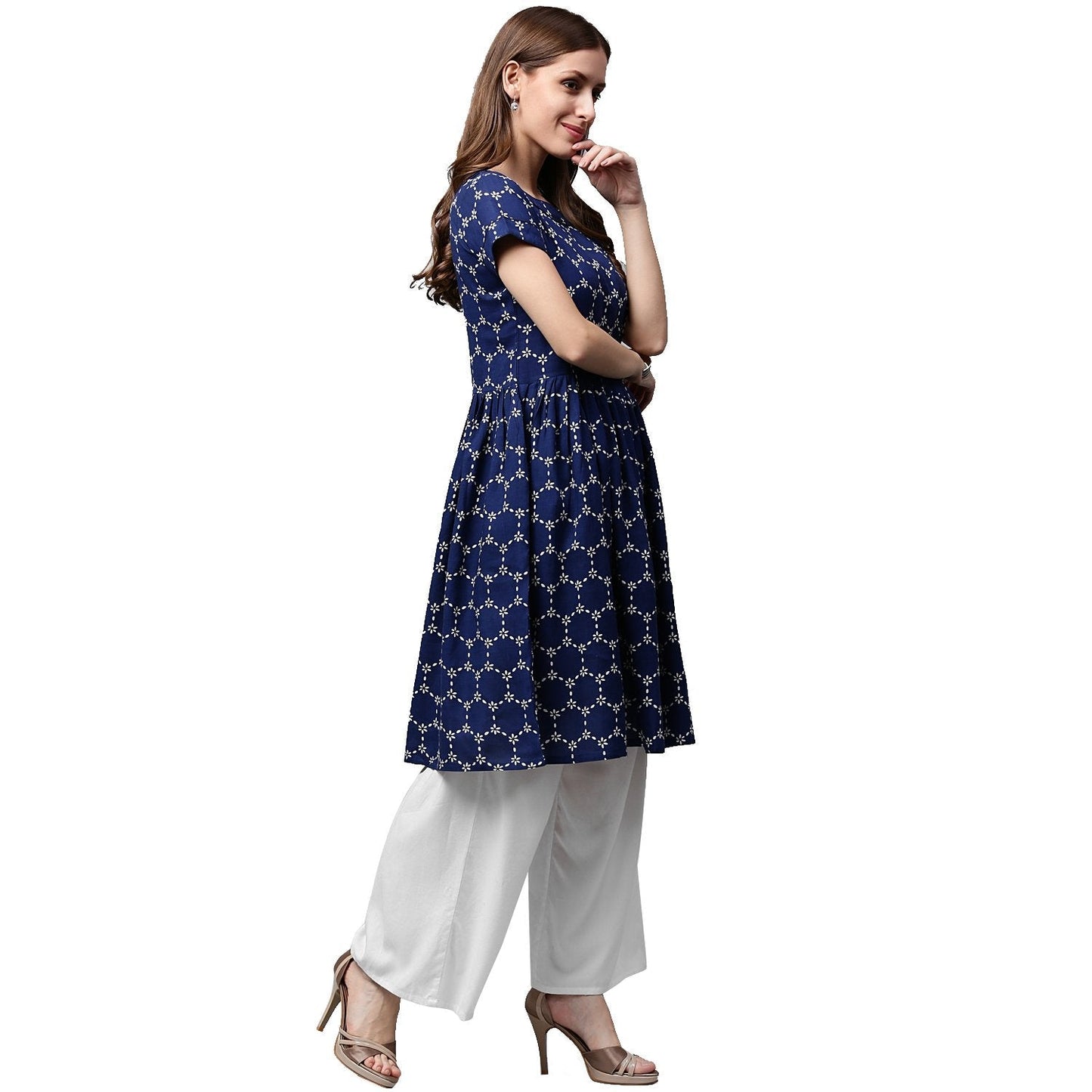Blue Printed Cap Sleeve Cotton Cropped Anarkali Kurta | LASVINI - Redefining Indian Fashion with Elegance