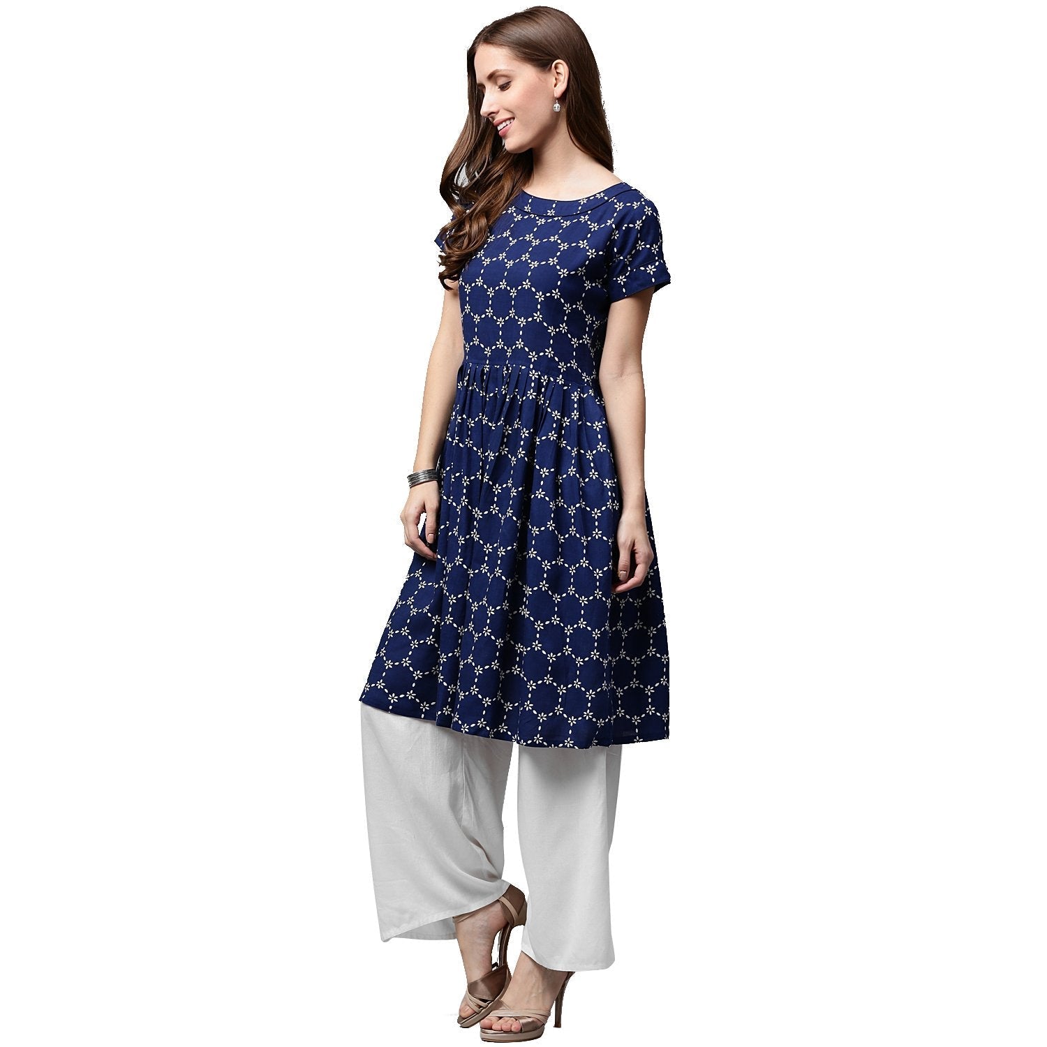 Blue Printed Cap Sleeve Cotton Cropped Anarkali Kurta | LASVINI - Redefining Indian Fashion with Elegance
