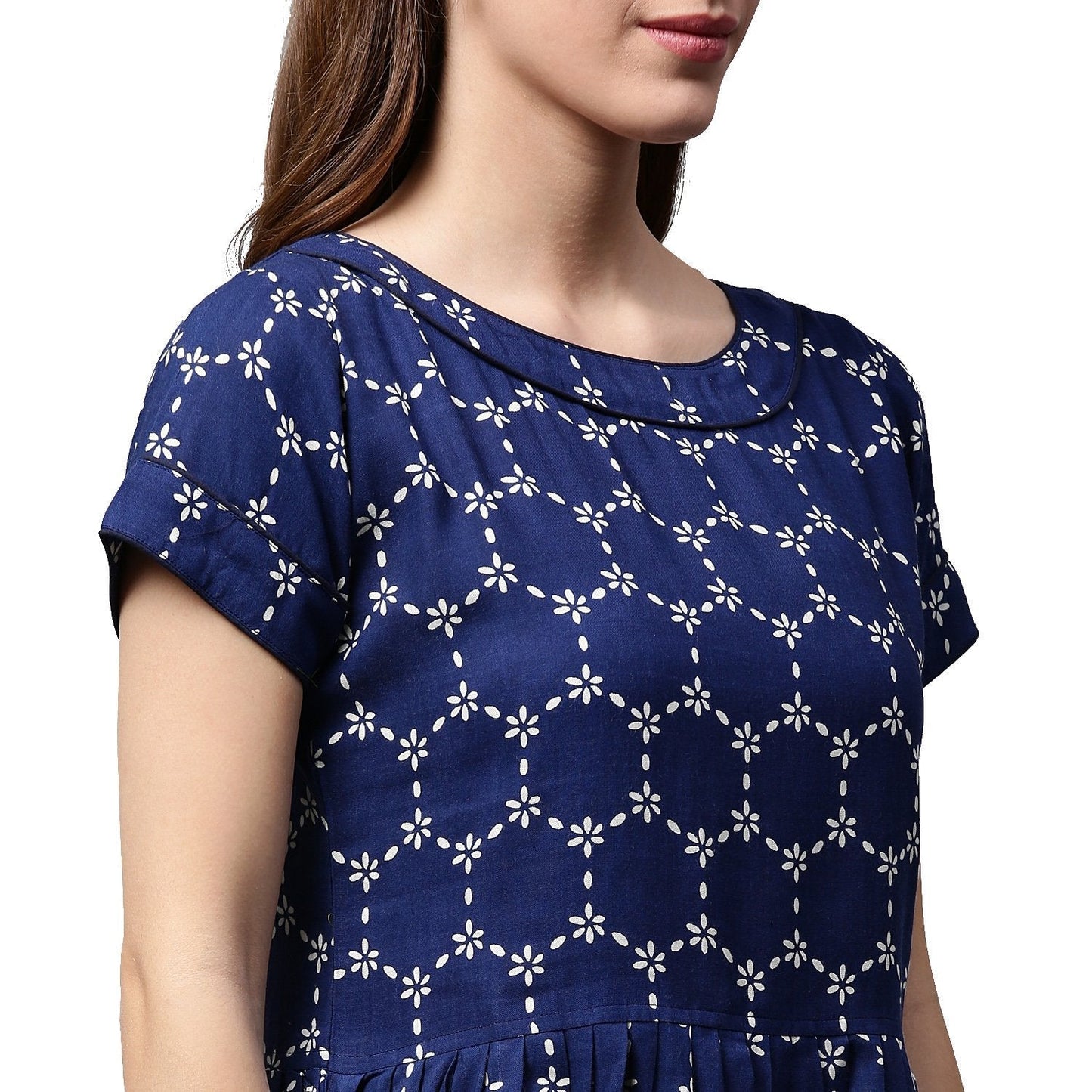 Blue Printed Cap Sleeve Cotton Cropped Anarkali Kurta | LASVINI - Redefining Indian Fashion with Elegance