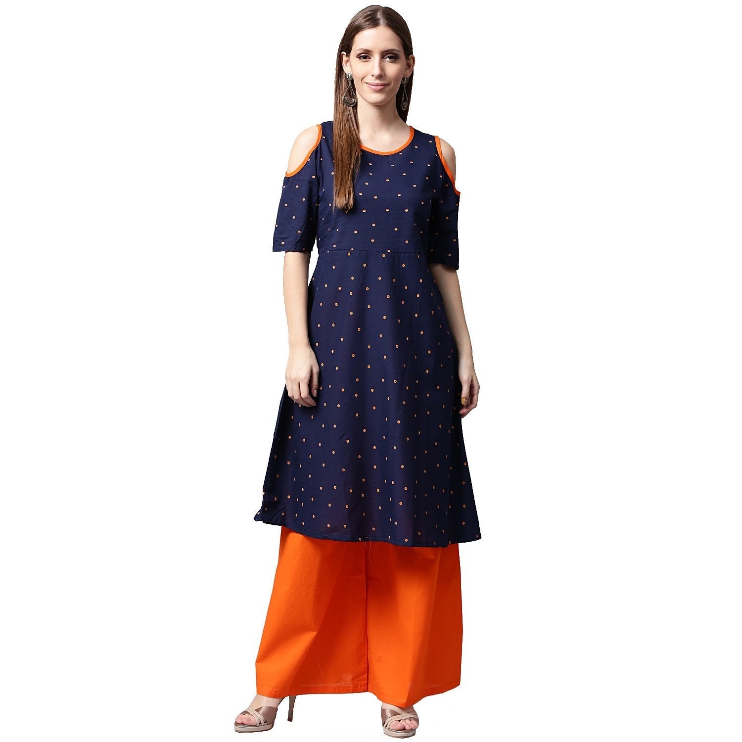 Blue Printed Half Sleeve Cotton Kurta With Orange Palazzos | LASVINI - Redefining Indian Fashion with Elegance