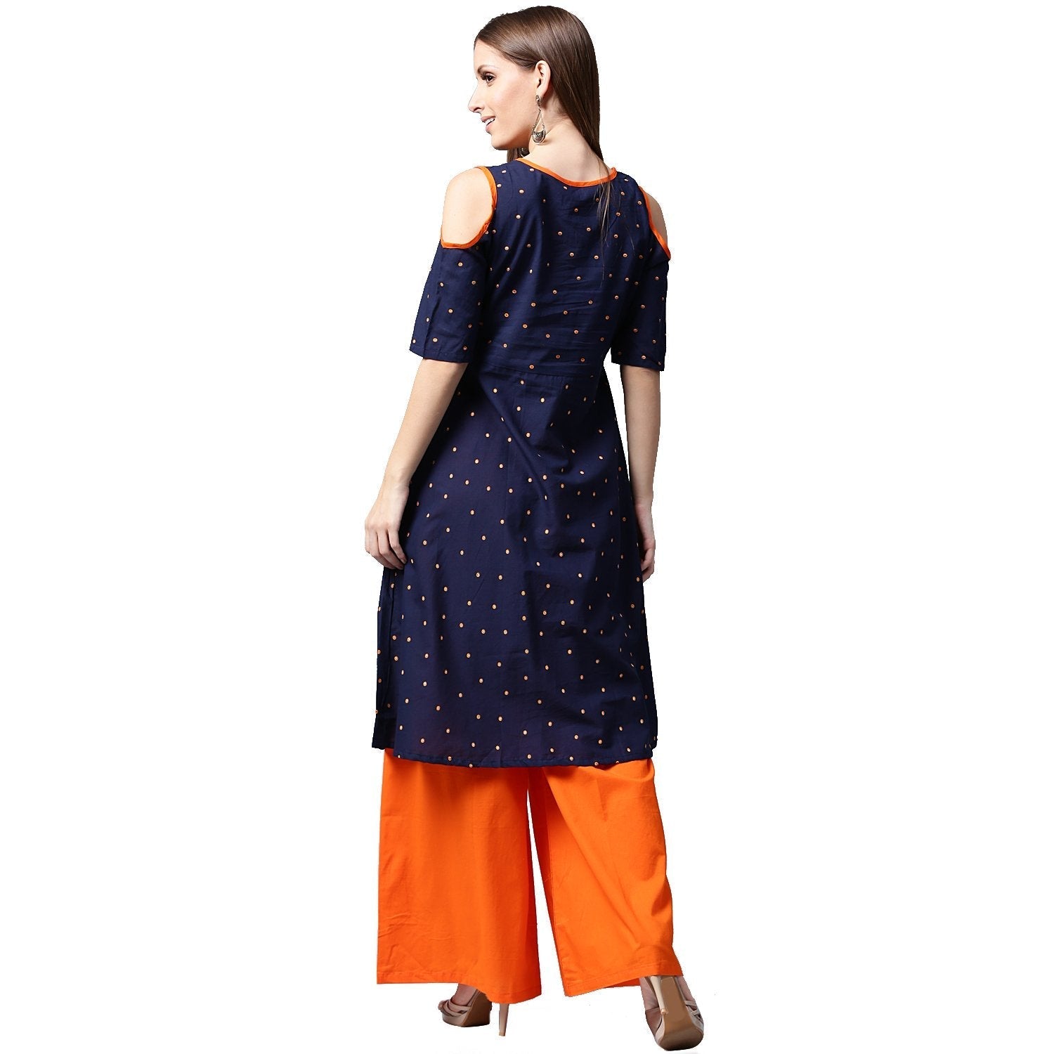 Blue Printed Half Sleeve Cotton Kurta With Orange Palazzos | LASVINI - Redefining Indian Fashion with Elegance
