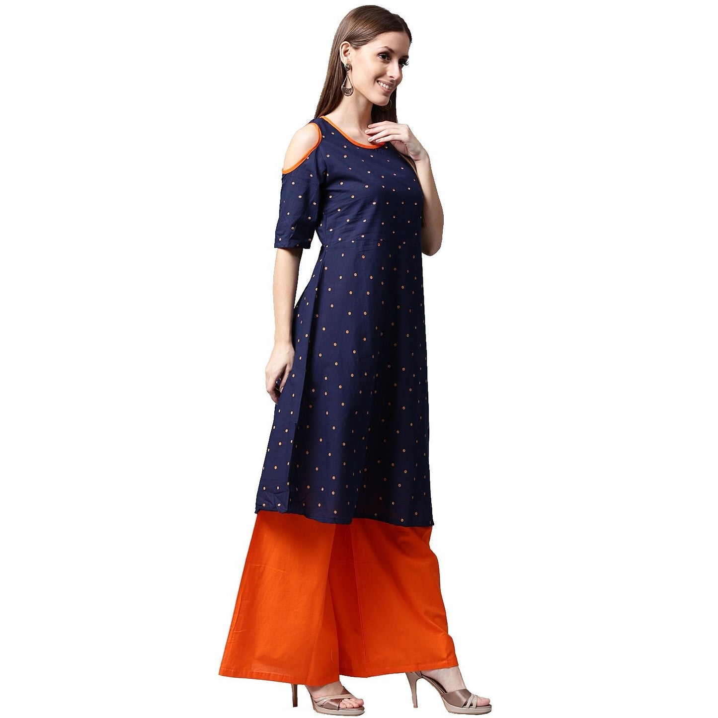 Blue Printed Half Sleeve Cotton Kurta With Orange Palazzos | LASVINI - Redefining Indian Fashion with Elegance