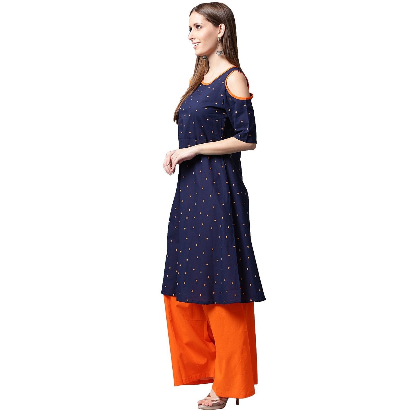 Blue Printed Half Sleeve Cotton Kurta With Orange Palazzos | LASVINI - Redefining Indian Fashion with Elegance