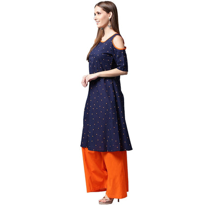 Blue Printed Half Sleeve Cotton Kurta With Orange Palazzos | LASVINI - Redefining Indian Fashion with Elegance