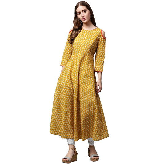 Yellow Printed 3/4Th Sleeve Cold Shoulder Cotton Anarkali Kurta | LASVINI - Redefining Indian Fashion with Elegance