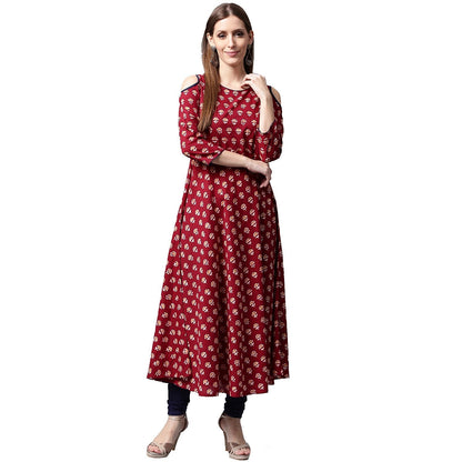Red Printed 3/4Th Sleeve Cold Shoulder Cotton Anarkali Kurta | LASVINI - Redefining Indian Fashion with Elegance