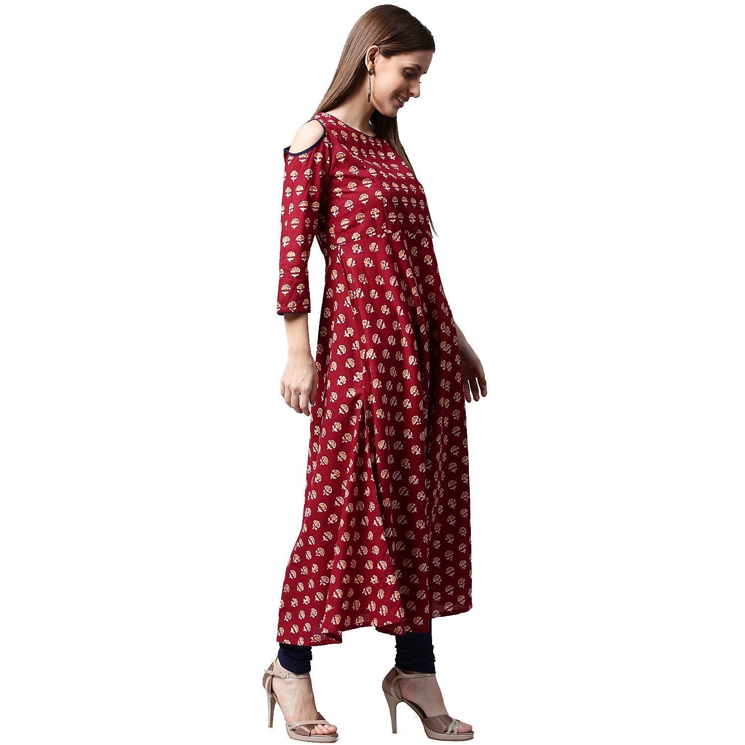 Red Printed 3/4Th Sleeve Cold Shoulder Cotton Anarkali Kurta | LASVINI - Redefining Indian Fashion with Elegance