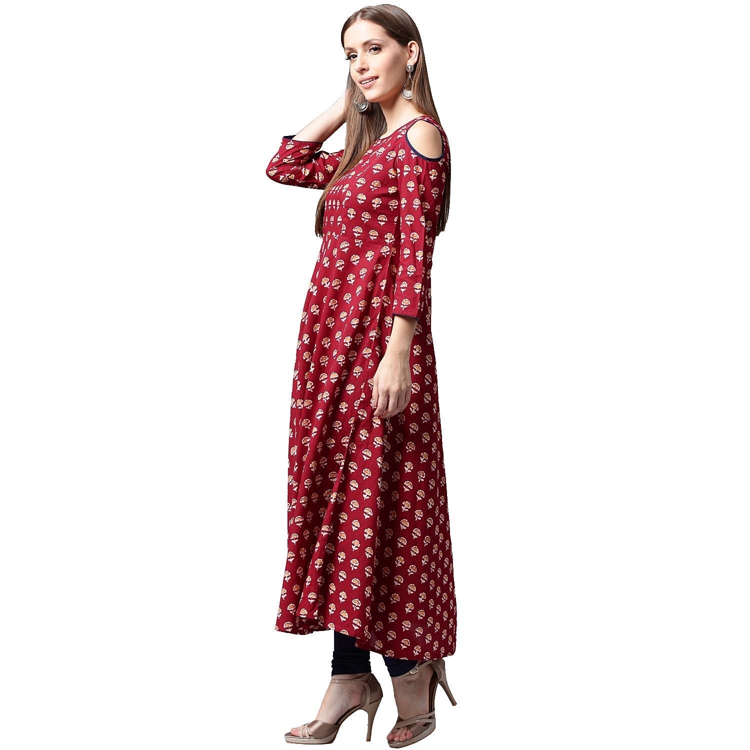 Red Printed 3/4Th Sleeve Cold Shoulder Cotton Anarkali Kurta | LASVINI - Redefining Indian Fashion with Elegance