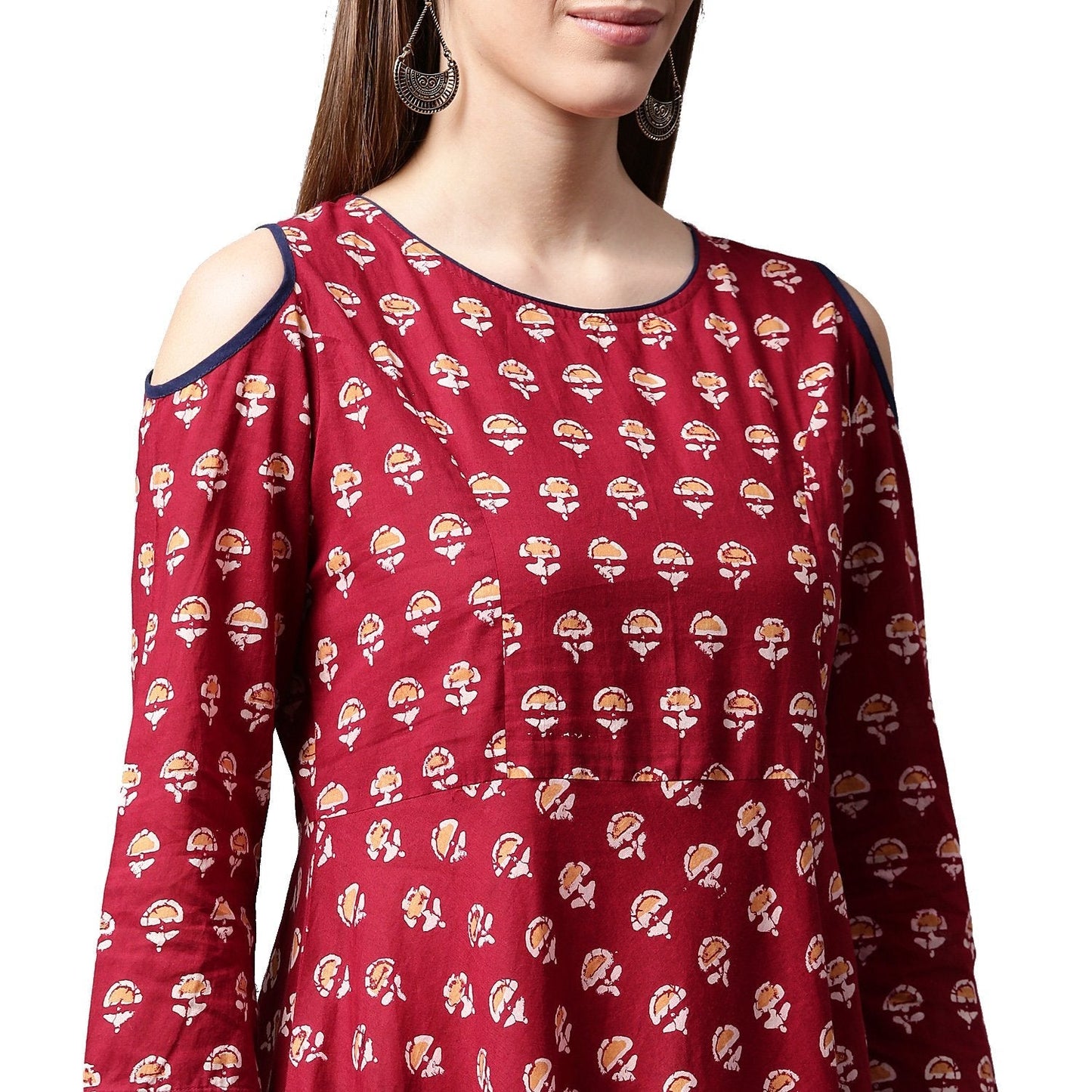 Red Printed 3/4Th Sleeve Cold Shoulder Cotton Anarkali Kurta | LASVINI - Redefining Indian Fashion with Elegance