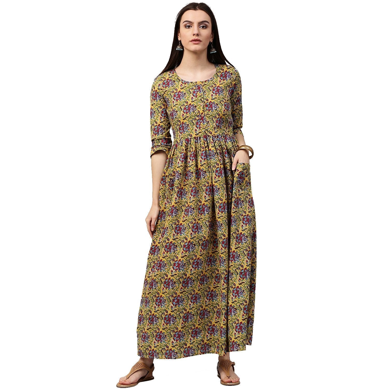 Yellow Printed 3/4Th Sleeve Cotton Anarkali Kurta | LASVINI - Redefining Indian Fashion with Elegance
