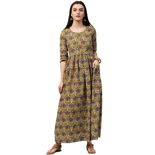 Yellow Printed 3/4Th Sleeve Cotton Anarkali Kurta | LASVINI - Redefining Indian Fashion with Elegance