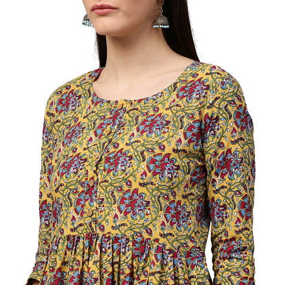 Yellow Printed 3/4Th Sleeve Cotton Anarkali Kurta | LASVINI - Redefining Indian Fashion with Elegance