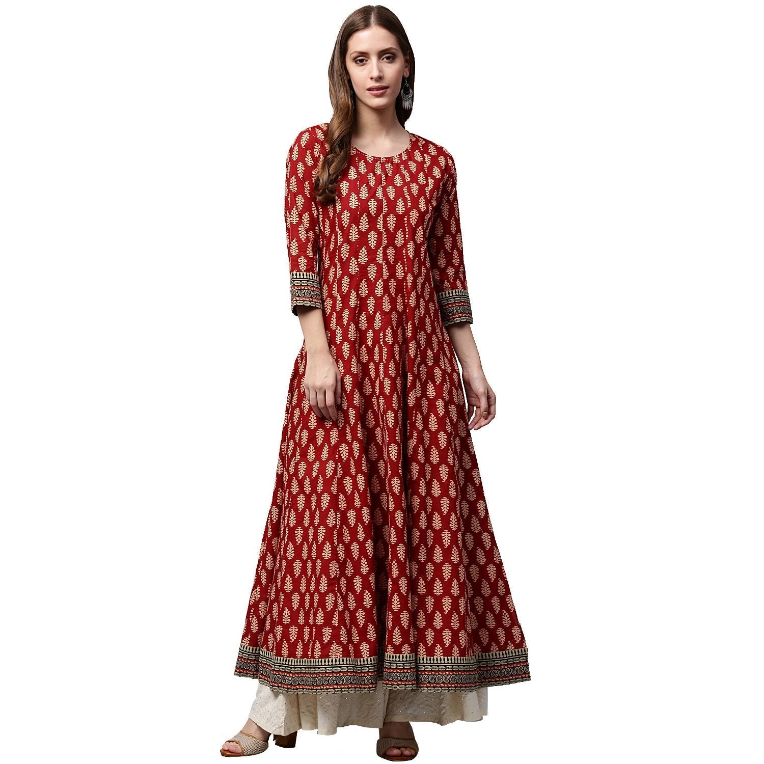 Red Printed 3/4Th Sleeve Cotton Long Anarkali Kurta | LASVINI - Redefining Indian Fashion with Elegance