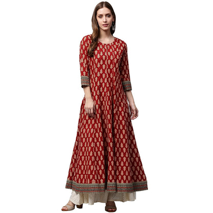 Red Printed 3/4Th Sleeve Cotton Long Anarkali Kurta | LASVINI - Redefining Indian Fashion with Elegance