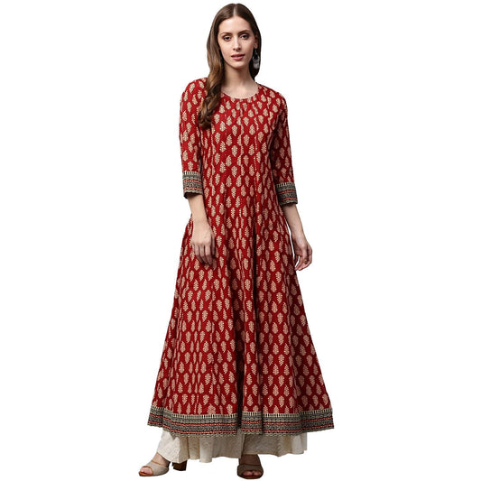 Red Printed 3/4Th Sleeve Cotton Long Anarkali Kurta | LASVINI - Redefining Indian Fashion with Elegance