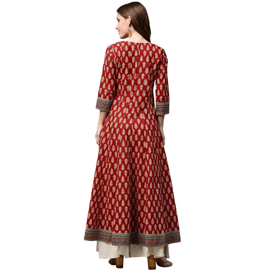 Red Printed 3/4Th Sleeve Cotton Long Anarkali Kurta | LASVINI - Redefining Indian Fashion with Elegance