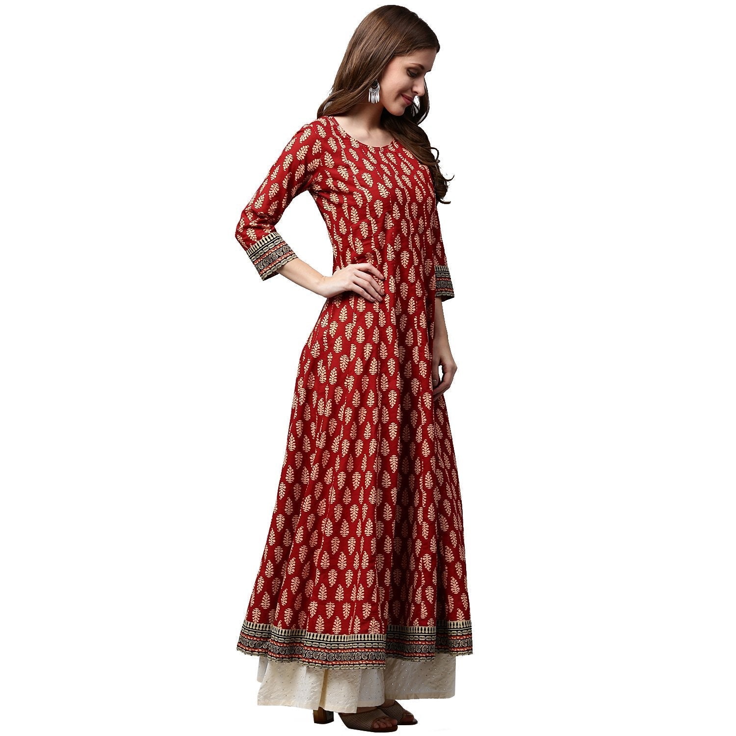 Red Printed 3/4Th Sleeve Cotton Long Anarkali Kurta | LASVINI - Redefining Indian Fashion with Elegance